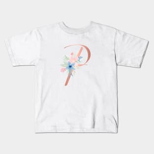 Letter P Rose Gold and Watercolor Blush Pink and Navy Kids T-Shirt